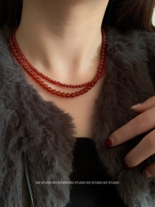WZ STUDIO 天然红玛瑙串珠项链925银小众复古高级感锁骨链毛衣链