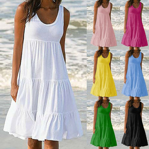 夏新款时尚Wish亚马逊速卖通欧美女装色码无袖圆领拼接大摆沙滩裙