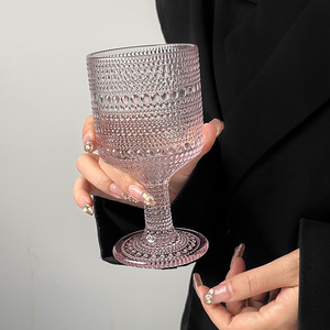 小众ins风杯冷饮浮雕露珠彩色玻璃高脚果汁杯饮料杯法式复古水杯