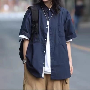 日系复古工装休闲短袖衬衫男女潮牌夏季外穿bf慵懒风半袖衬衣外套