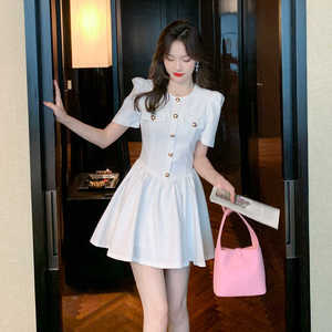 韩国高级感西装连衣裙女夏季2024年新款泡泡短袖小白裙桔梗气质春
