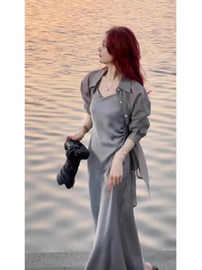 夏季灰色吊带长裙搭防晒衬衫气质超仙三亚泰国旅游海边度假沙滩裙