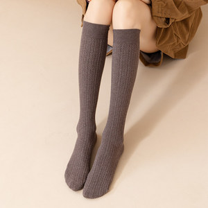袜子女小腿袜春秋季日系针织麻花棉线护膝中高筒袜白灰咖色过膝袜