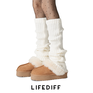 秋冬女白色堆堆袜套瘦腿竖条纹显瘦针织小腿腿套长筒保暖配雪地靴