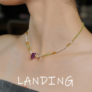 LANDING小众设计冰川精灵巴洛克珍珠橄榄石锁骨链S925紫水晶吊坠