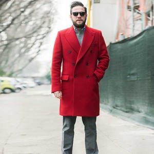 潮男欧美街拍同款大衣订做红色修身韩版中长款羊绒毛呢厚外套冬季