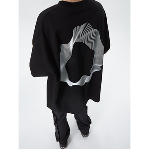H GANG X小众设计短袖女几何曲线科技感美式印花高街宽松情侣T恤
