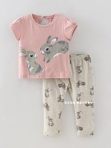 女童粉红兔子短袖体恤打底裤套装夏季童装宝宝纯棉上衣长裤两件套