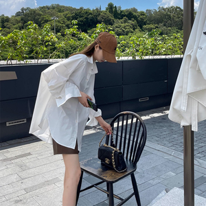 韩版高级感oversize白色衬衫女夏季设计感不规则外搭宽松长袖衬衣