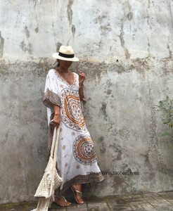 人棉夏女泰国波西米亚印花连衣裙 巴厘岛海滩度假长袍 民族风长衫
