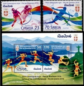 塞尔维亚邮票2016年里约奥运会\田径\网球\跆拳道  2票全+小全张