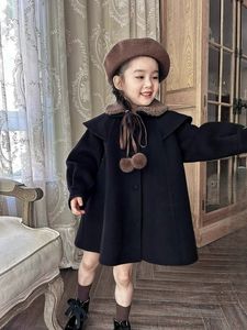 韩国童装2023冬季新款黑色双面羊毛翻领呢大衣男女童加厚毛呢外套