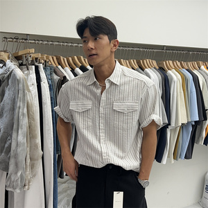 韩国男装代购直播MENTO高品棉质立体纹理感条纹宽松休闲短袖衬衫