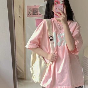 粉色T恤女ins潮夏季宽松短袖情侣装韩版中长款学生百搭半袖上衣服