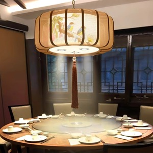 新中式羊皮吊灯圆形餐厅书房灯具中国风饭店茶楼餐桌吊灯带射灯