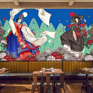 韩国民俗画墙布韩式烤肉料理墙纸朝鲜族壁画韩餐店装饰背景墙壁纸