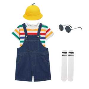 儿童牛仔背带裤短裤夏季棉短袖彩虹条纹T恤六一儿童演出服遮阳帽