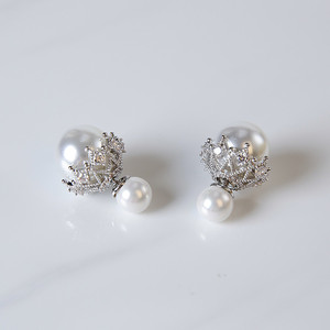 气质简约大小双面珍珠镂空锆石耳环925银耳钉女防过敏时尚耳饰品