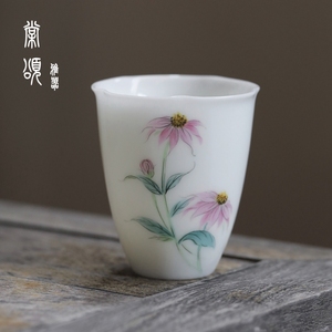 棠頌丨冰种羊脂玉手绘紫菊花口茶杯主人杯白瓷功夫茶具女士品茗杯