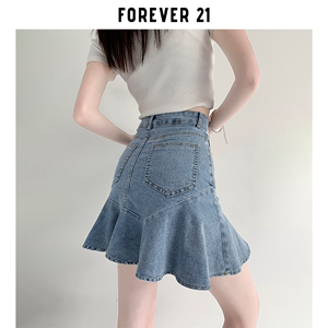 Forever 21复古牛仔短裙女2024夏季新款高腰显瘦荷叶边包臀鱼尾裙