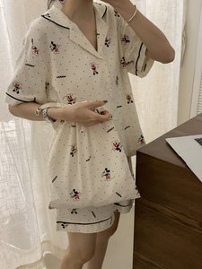 韩系少女可爱卡通米奇印花麻透气舒适家居服套装2024早春新款睡衣