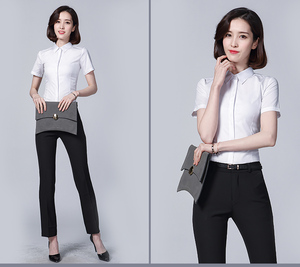 雅明仕新款白色纯色小方领女修身韩版职业装免皱上衣女士衬衣短袖