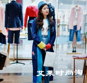 香港我喜欢你顾胜男赵露思同款蓝色拼色针织开衫毛衣印花风衣外套