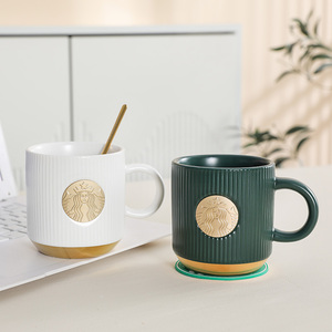 新款星巴克杯子墨绿色条纹情侣陶瓷咖啡马克水茶杯订制logo大容量