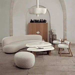 北欧简约轻奢韩式设计师圆弧形沙发美容院小户型羊羔绒布艺沙发