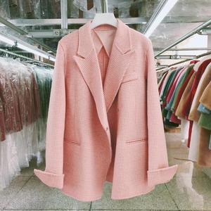小格子双面羊绒大衣女短款2023年新款韩版时尚气质西服领毛呢外套