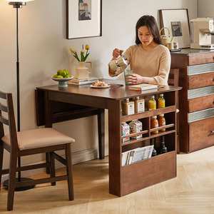 纯实木小户型餐桌家用可伸缩小饭桌日式吃饭木桌子长方形胡桃木色