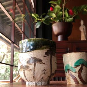日本进口藏珍窑职人手作松文轮花寿司汤吞杯日式志野茶杯喝水杯子