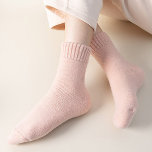 加厚羊毛袜女秋冬款拉绒锁温保暖中筒袜温柔淡粉色袜子抗寒长筒袜