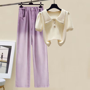 紫色系穿搭套装女夏季短袖t恤女渐变色休闲阔腿裤今年流行两件套