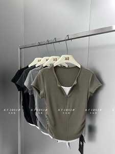 XT1051夏季韩系假两件设计感修身打底鱼骨小衫百搭长袖T恤上衣女