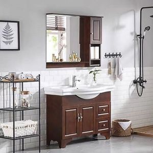 中式现代简约落地式橡木浴室柜组合面盆洗手洗漱台实木整体卫生间