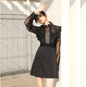 夏季新款韩版蕾丝拼接网纱礼服显瘦中长款连衣裙气质高级感小黑裙
