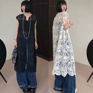 蕾丝镂空无袖背心连衣裙2024夏季新款新中式设计感叠穿开叉长裙女