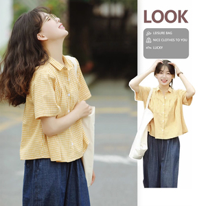 黄色格子短袖衬衫女夏季日系上衣小众设计感高级法式别致港风衬衣