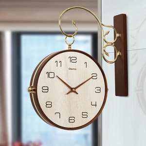 新中式简约双面钟表客厅家用实木挂表时钟轻奢现代胡桃木两面挂钟