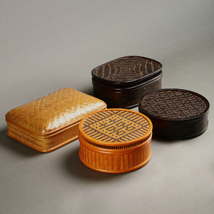 日式漆器竹编盒子圆形带盖茶具收纳盒首饰盒民间工艺品桌面整理箱