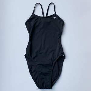 美国T新到细肩带大开背纯黑色专业连体泳衣抗氯速干运动女泳装