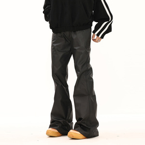 BTSG美式复古机能高级堆积感亮面PU皮裤小众设计VIBE宽松微喇蜡裤
