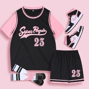 篮球服女装韩版夏季套装学生表演比赛队服粉色短袖假两件班服定制
