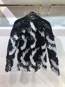 香港代购 juicy couture19秋冬拼色蕾丝钩花镂空长袖上衣