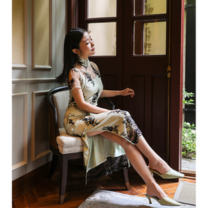 介面【海派】2021夏季新款三醋酸旗袍裙短袖气质复古中国风长裙