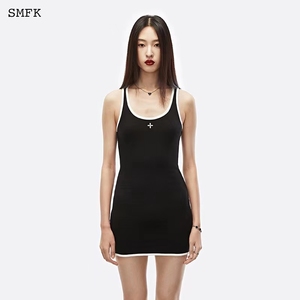 【市面无更好】SMFK新款十字花复古网球背心裙黑白撞色刺绣连衣裙