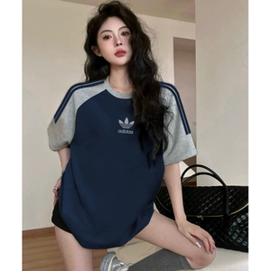 Adidas阿迪达斯短袖女三叶草T恤男夏季新款拼接纯棉宽松休闲潮牌