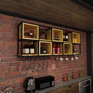 北欧铁艺实木格子置物架客厅悬挂酒柜餐厅墙上壁挂式展示酒杯架子