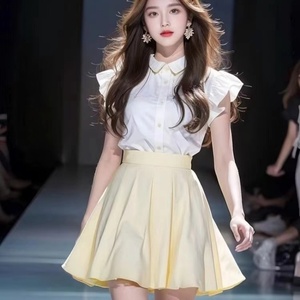 一线品牌女装外贸原单夏季韩版气质翻领衬衫盐系轻熟半身裙两件套